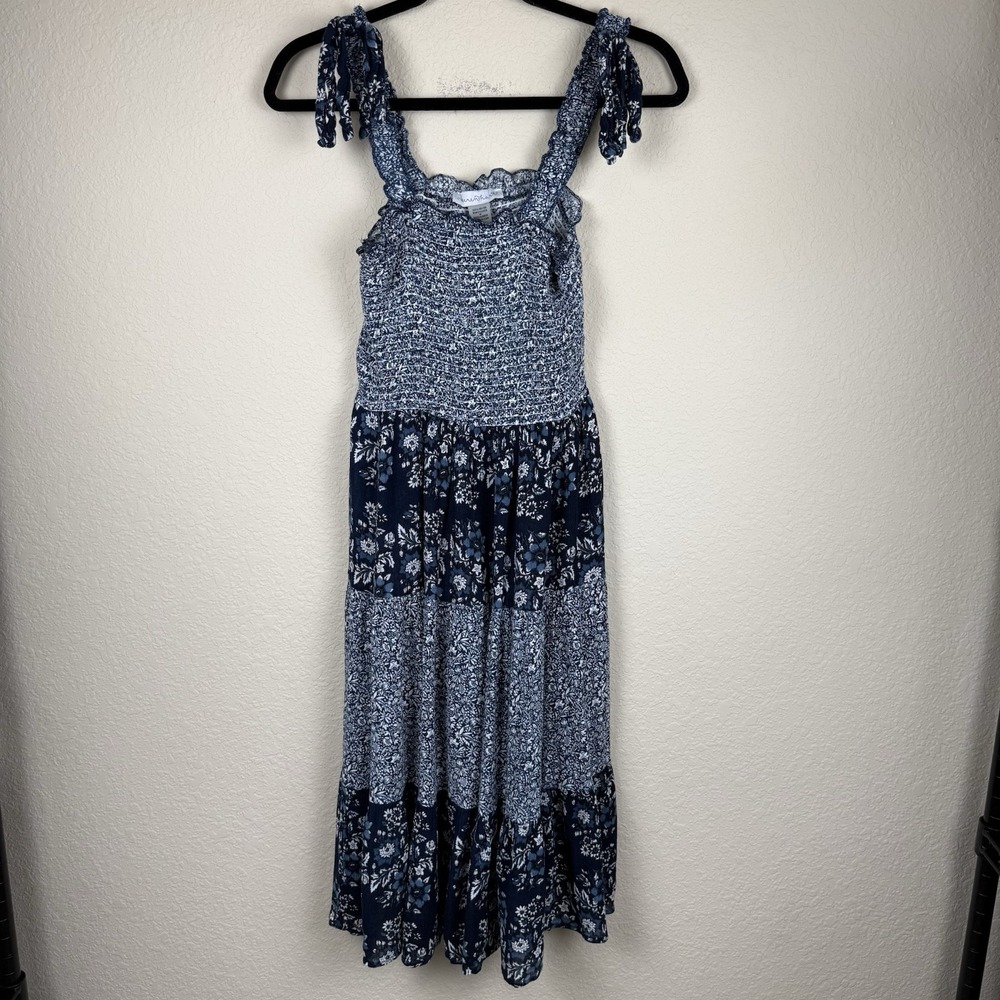 Keren Hart Midi Dress M Blue White Ditzy Floral Smocked Top Tiered Boho